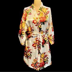 Fall flower bouquet silky midi wrap robe silky satin botanical floral loungewear